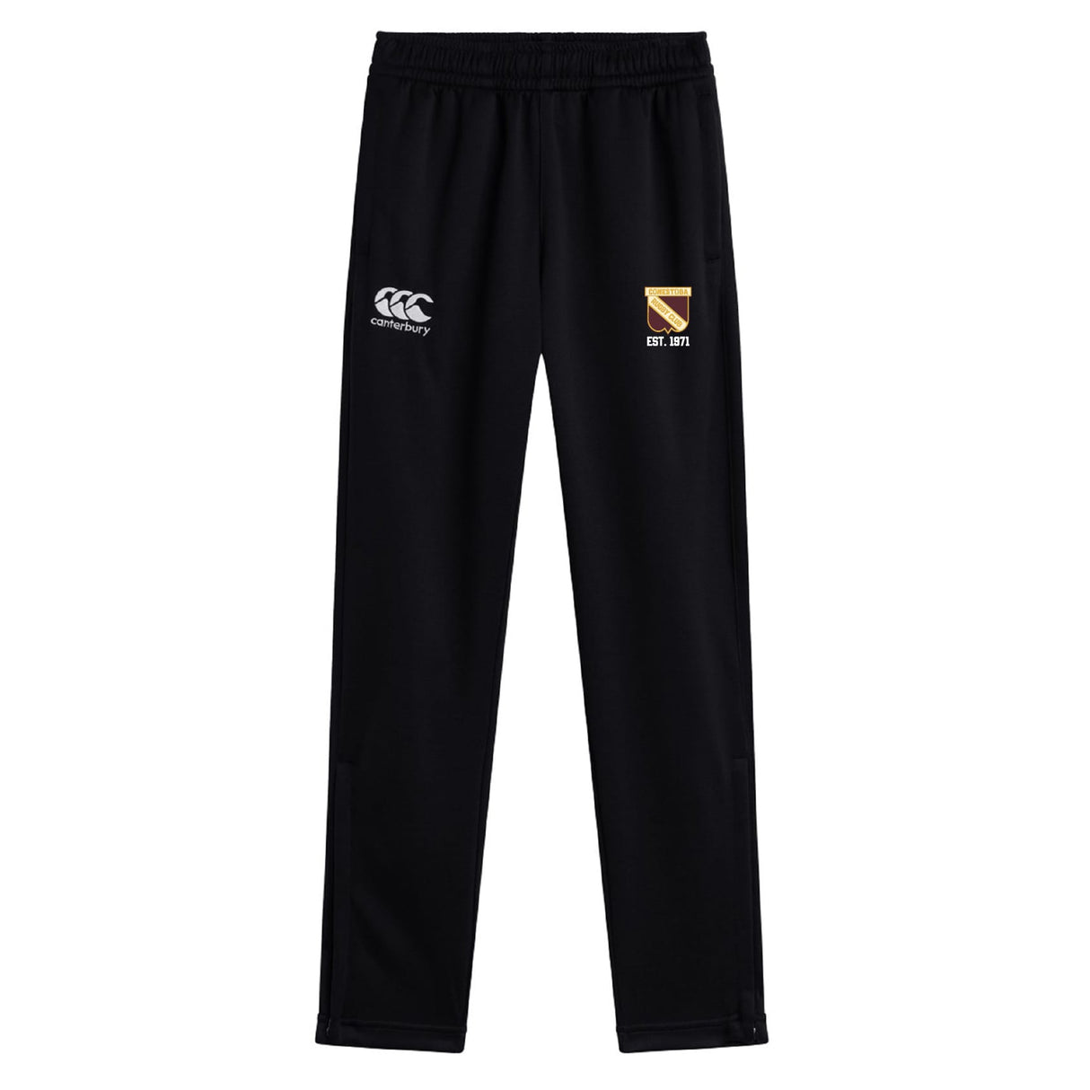 The Conestoga Rugby Stretch Tapered Pant by EMB Canterbury features an elastic waistband, white Canterbury logo on the left, and a yellow "EST. 1872" crest on the right—ideal men's workout pants for style and comfort.