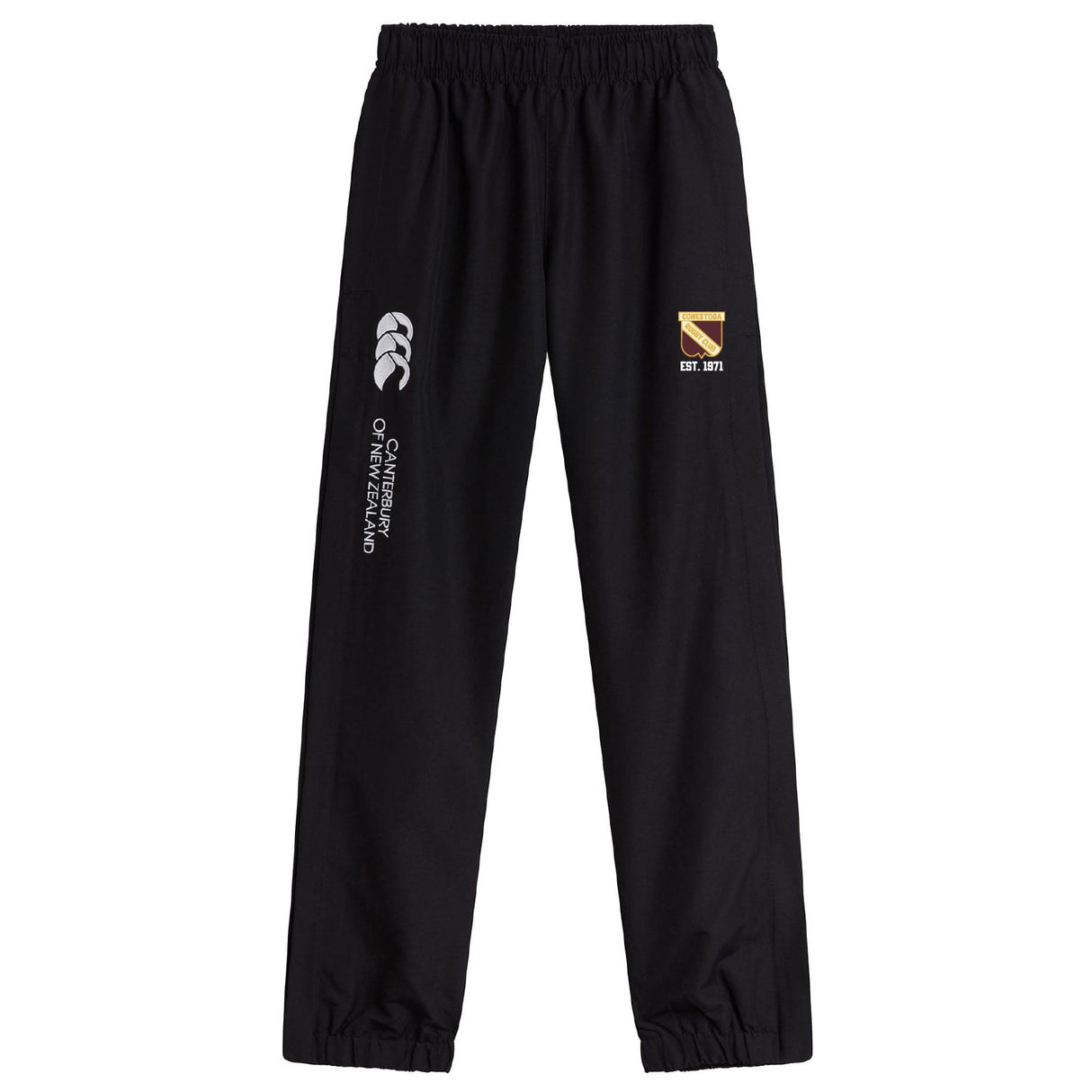 The Conestoga Rugby Cuffed Hem Stadium Pant by EMB Canterbury features an elastic waistband, cuffed hem, and logo prints on the front. Ideal for stadium wear, these men's pants combine comfort and style.