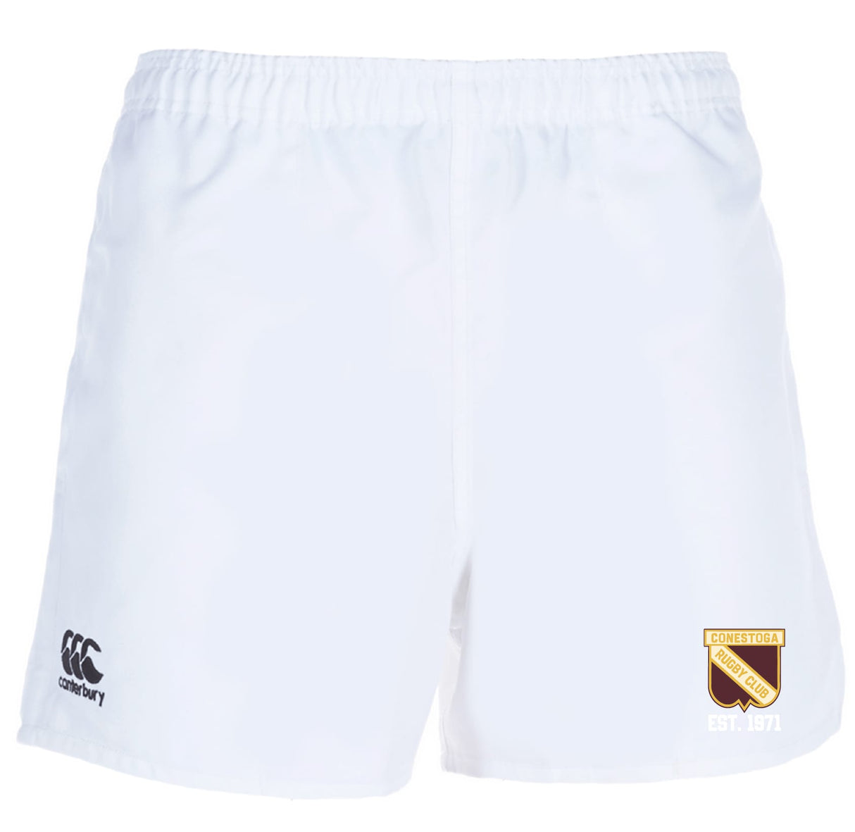 The Conestoga Rugby Professional Polyester Rugby Short by EMB Canterbury features an elastic waistband, a black Canterbury logo on the left leg, and a Conestoga Rugby Club crest on the right leg.