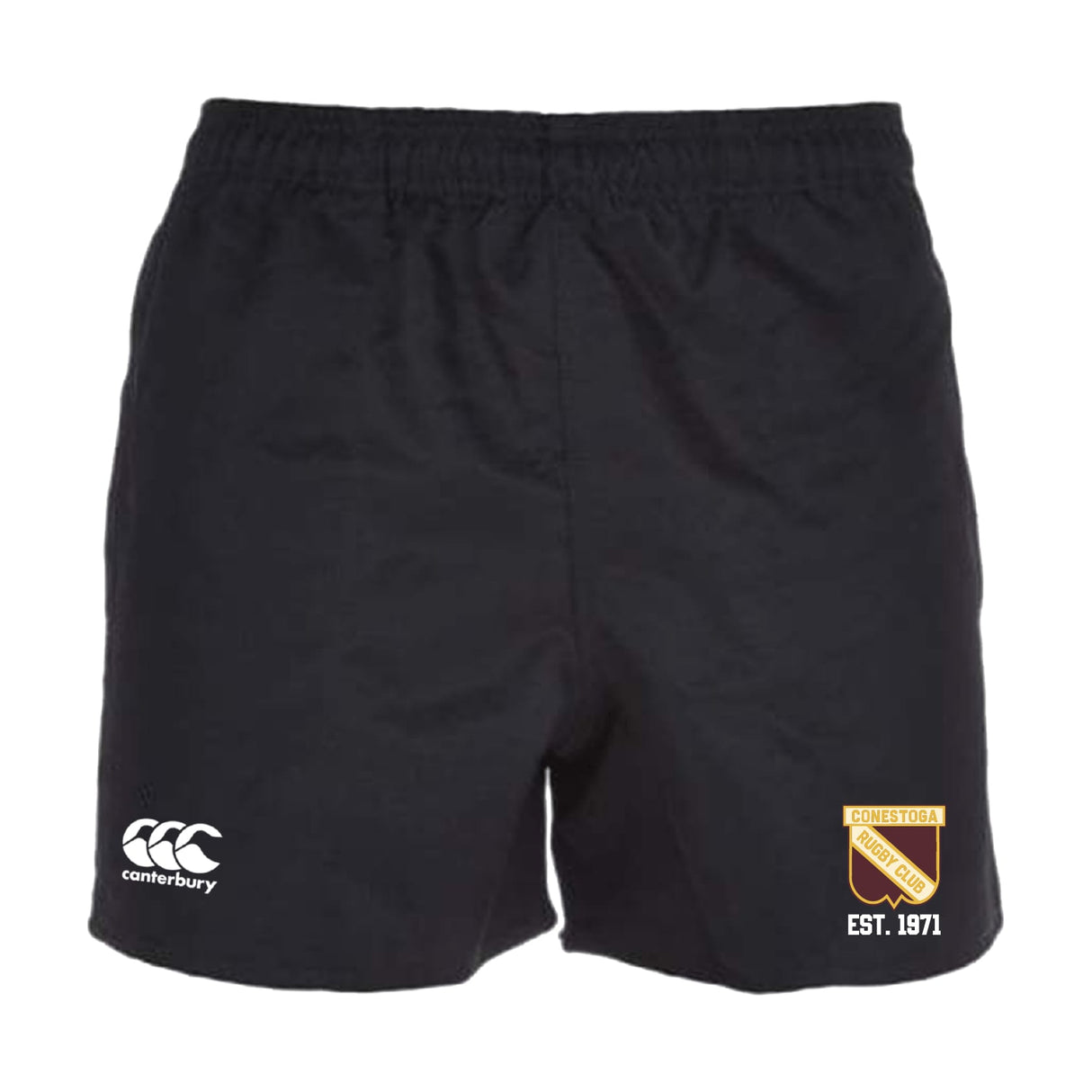 The Conestoga Rugby Professional Polyester Rugby Short by EMB Canterbury features an elastic waistband, durable black polyester, the Canterbury logo on the left leg, and the Conestoga Rugby Club crest with "EST. 1971" on the right.