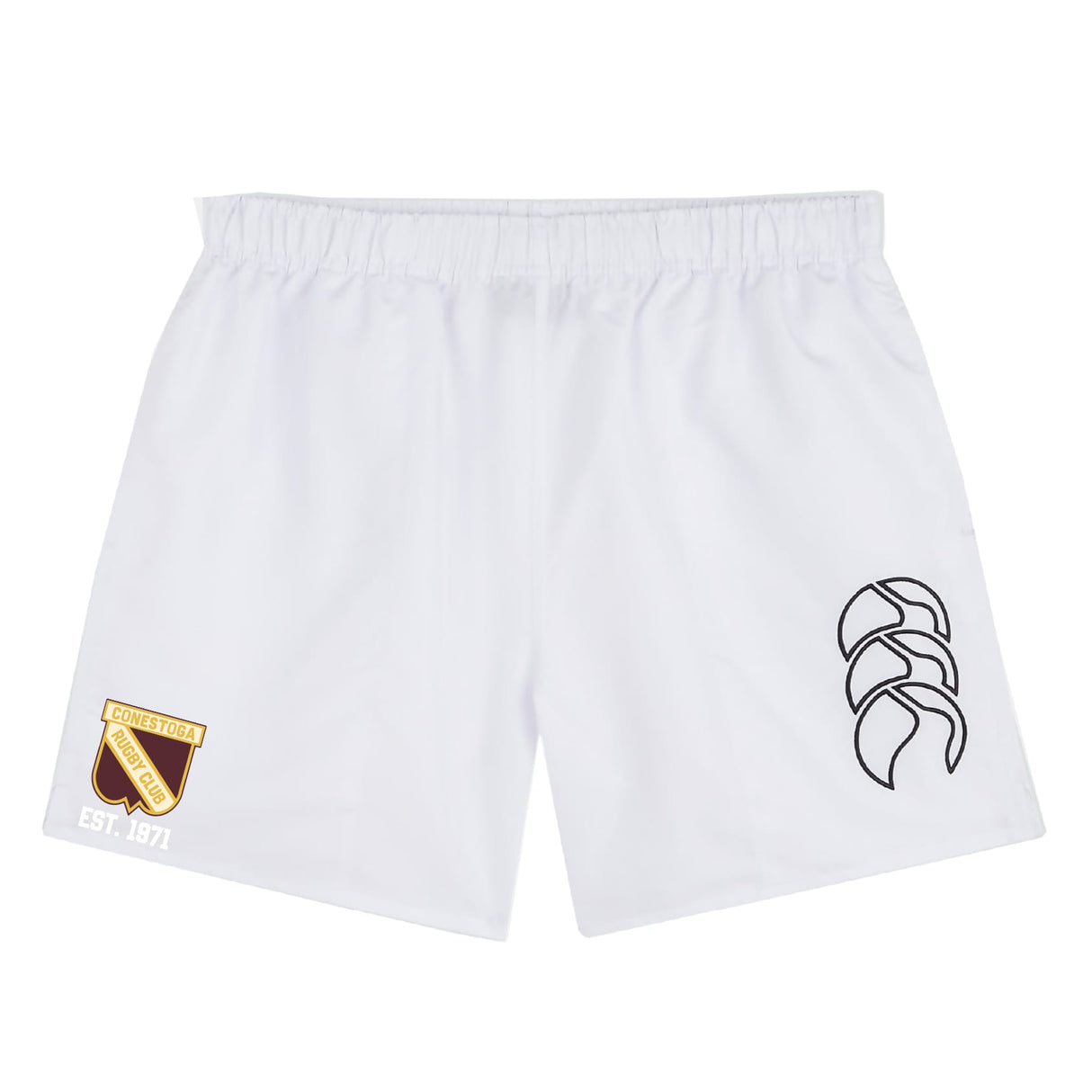 The Conestoga Rugby Tactic Short by EMB Canterbury features a gold and brown crest on the left leg and a black logo on the right—ideal for men’s rugby or gym training.
