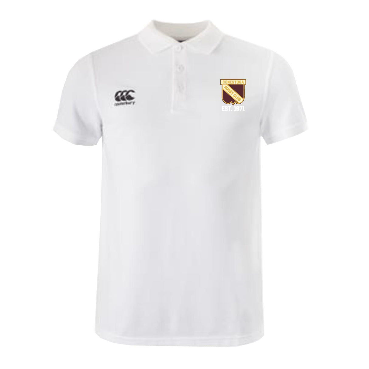 The Conestoga Rugby Waimak Polo by EMB Canterbury is a white short-sleeved rugby polo with a classic collar, shield logo on the left chest, and stylized text on the right—ideal for fans seeking a stylish men’s option.