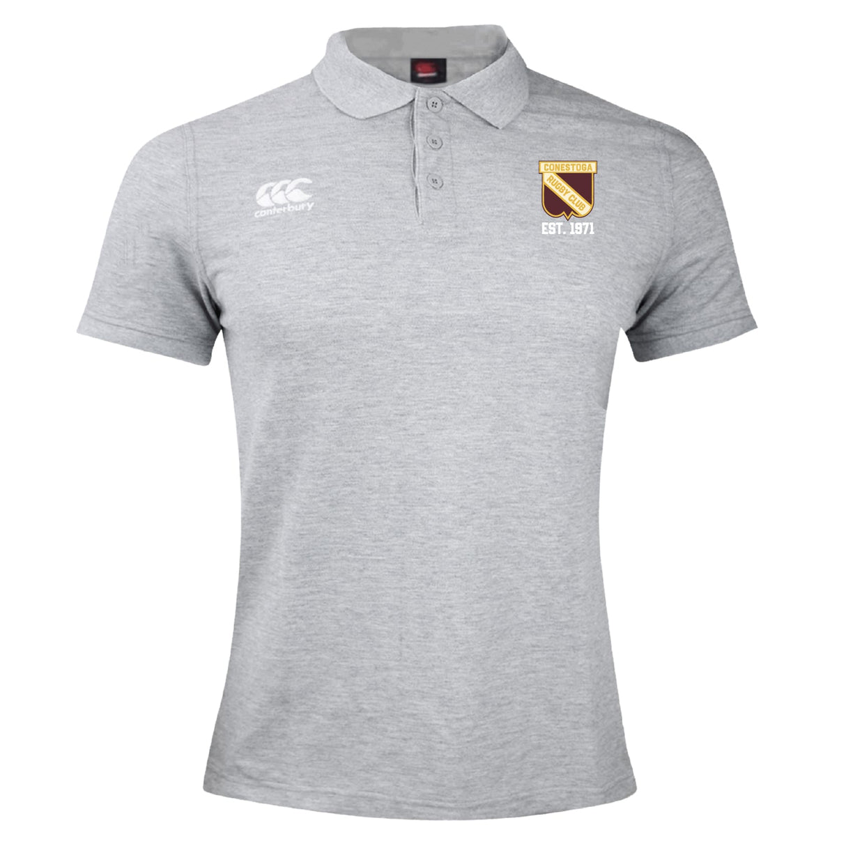 The Conestoga Rugby Waimak Polo by EMB Canterbury is a light grey men's short-sleeve rugby polo featuring a button collar, white Canterbury logo on the right chest, and a club crest with "EST. 1971" on the left chest.