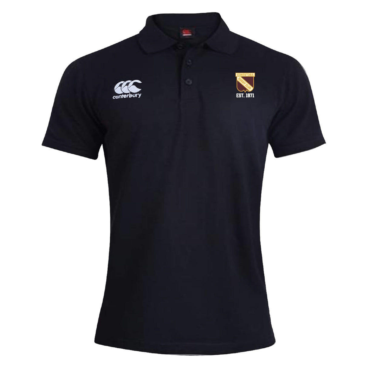 The Conestoga Rugby Waimak Polo by EMB Canterbury is a black short-sleeve men's rugby polo featuring a collar, white Canterbury logo on the right chest, and "EST. 1871" crest on the left—ideal for fans who love classic style.