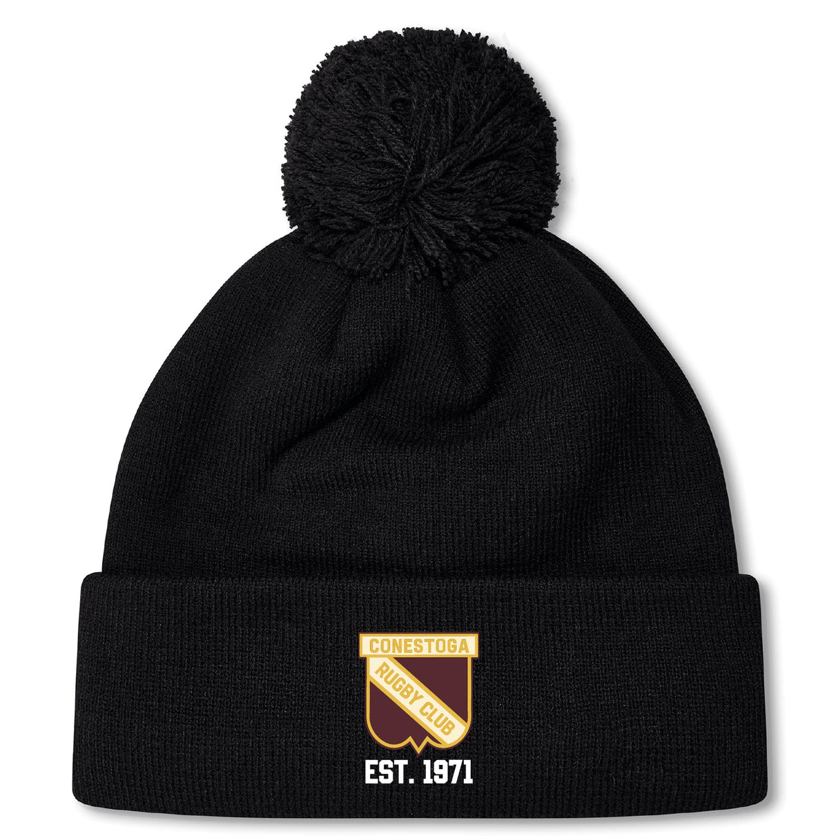 The Conestoga Rugby Pom Pom Beanie by EMB Canterbury is a black knit hat with a pom-pom, fleece lining, and features a gold and white "Conestoga Rugby Club" logo with "EST. 1971" on the front cuff.
