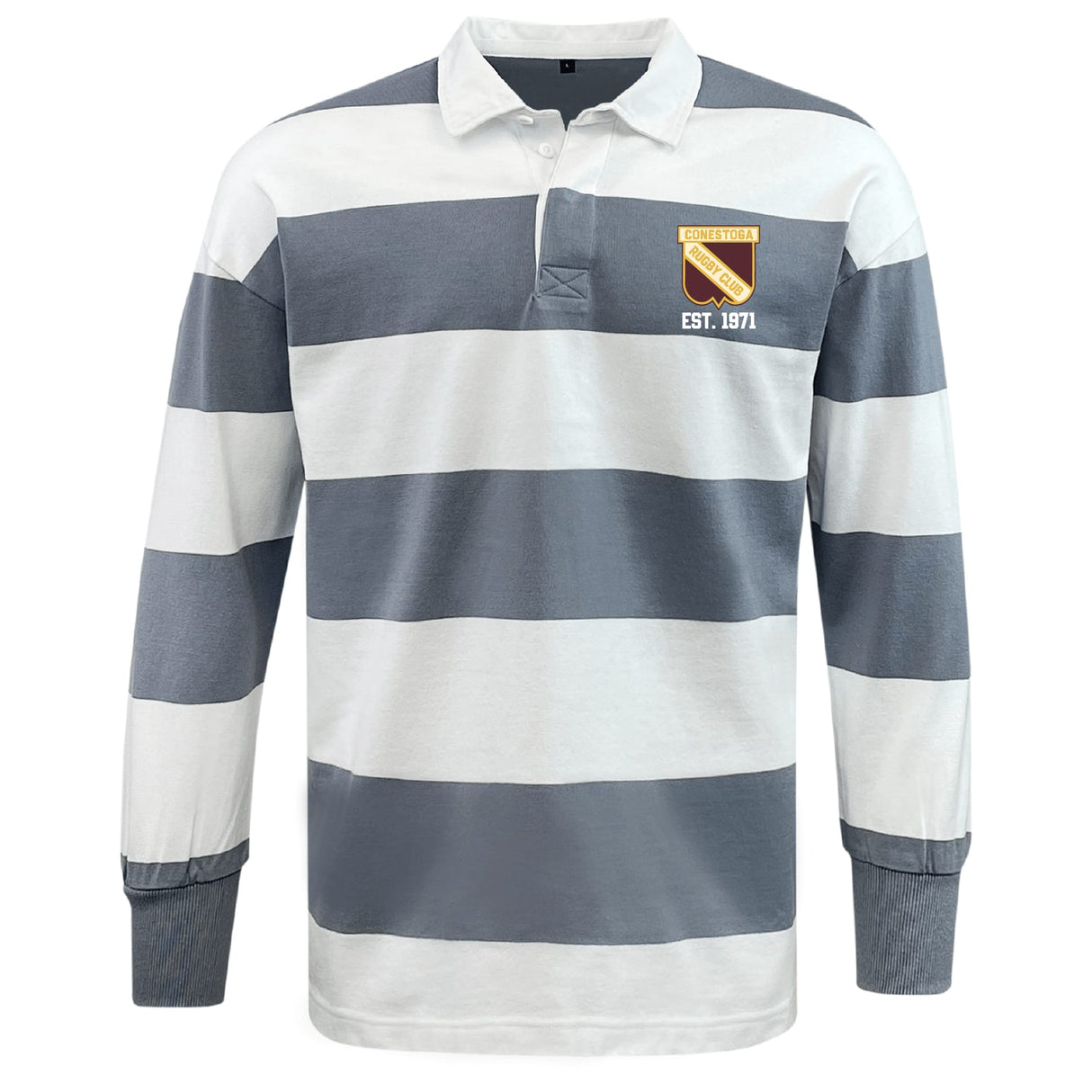 The EMB Mudoo Conestoga Rugby Classic Long Sleeve Hooped Rugby Jersey features wide gray and white stripes, a collar, and a chest patch reading "COLLEGE TEAM EST. 1971" for vintage everyday style.