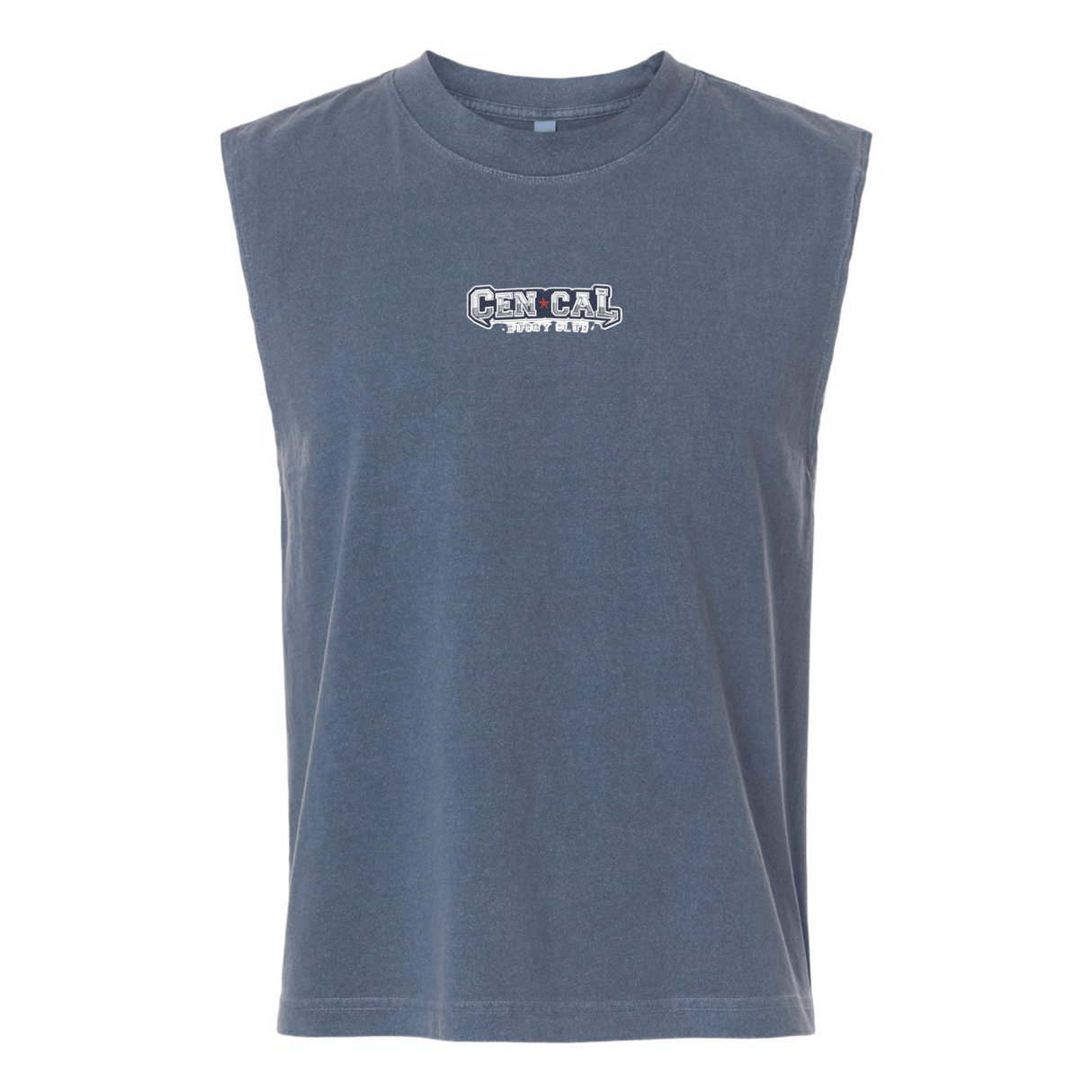 The CenCal Youth Rugby Unisex Muscle Tee by EMB S&S Activewear is a blue-gray heavyweight cotton shirt featuring "GEN CAR FIGHT CLUB" in bold white outlined text—ideal for CenCal Youth Rugby fans.