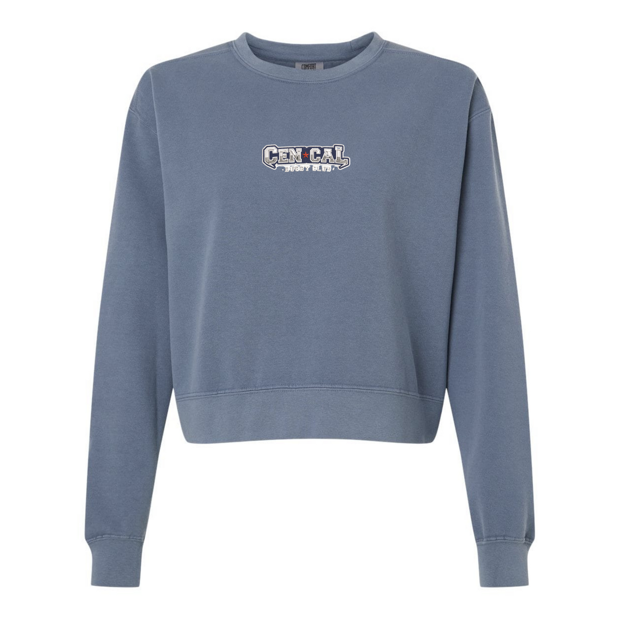 The EMB S&S Activewear Women's CenCal Youth Rugby Mid-Length Crewneck Sweatshirt is blue, has long sleeves, and features "GEN CAR '23 NEW ERA" in white and gray on the chest.