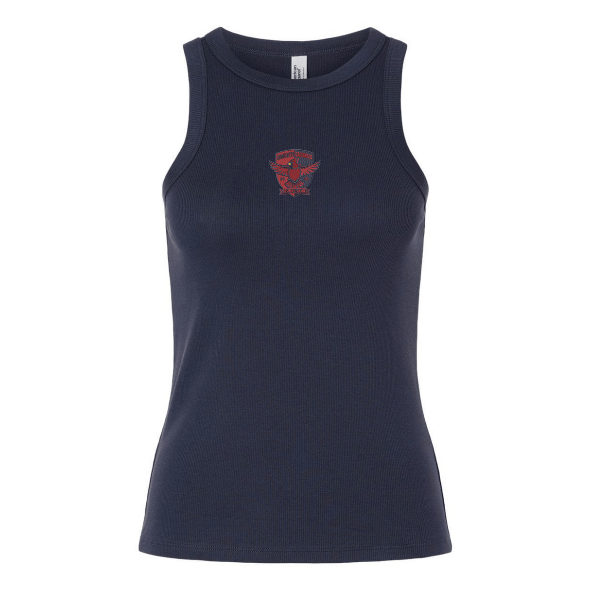 The EMB S&S Activewear Women's Charlotte Cardinals Rugby Baby Rib Tank is a navy blue top featuring a small red graphic design centered on the chest.