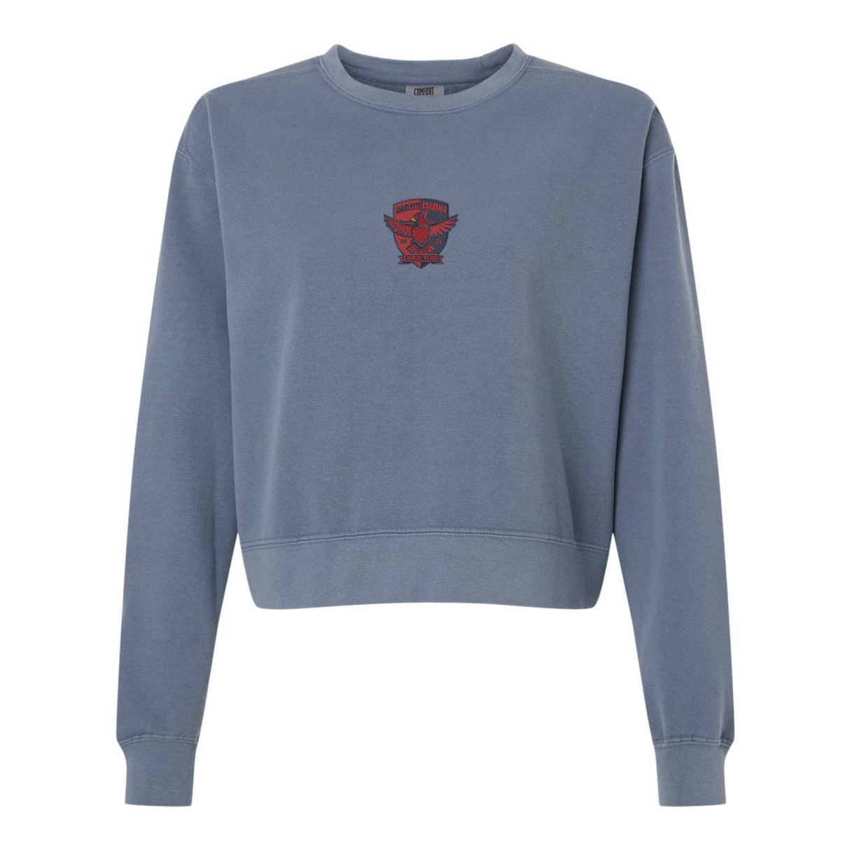 The Women's Charlotte Cardinals Rugby Mid-Length Crewneck Sweatshirt by EMB S&S Activewear features long sleeves and a small red chest graphic, blending classic inspiration with modern style, shown against a white background.