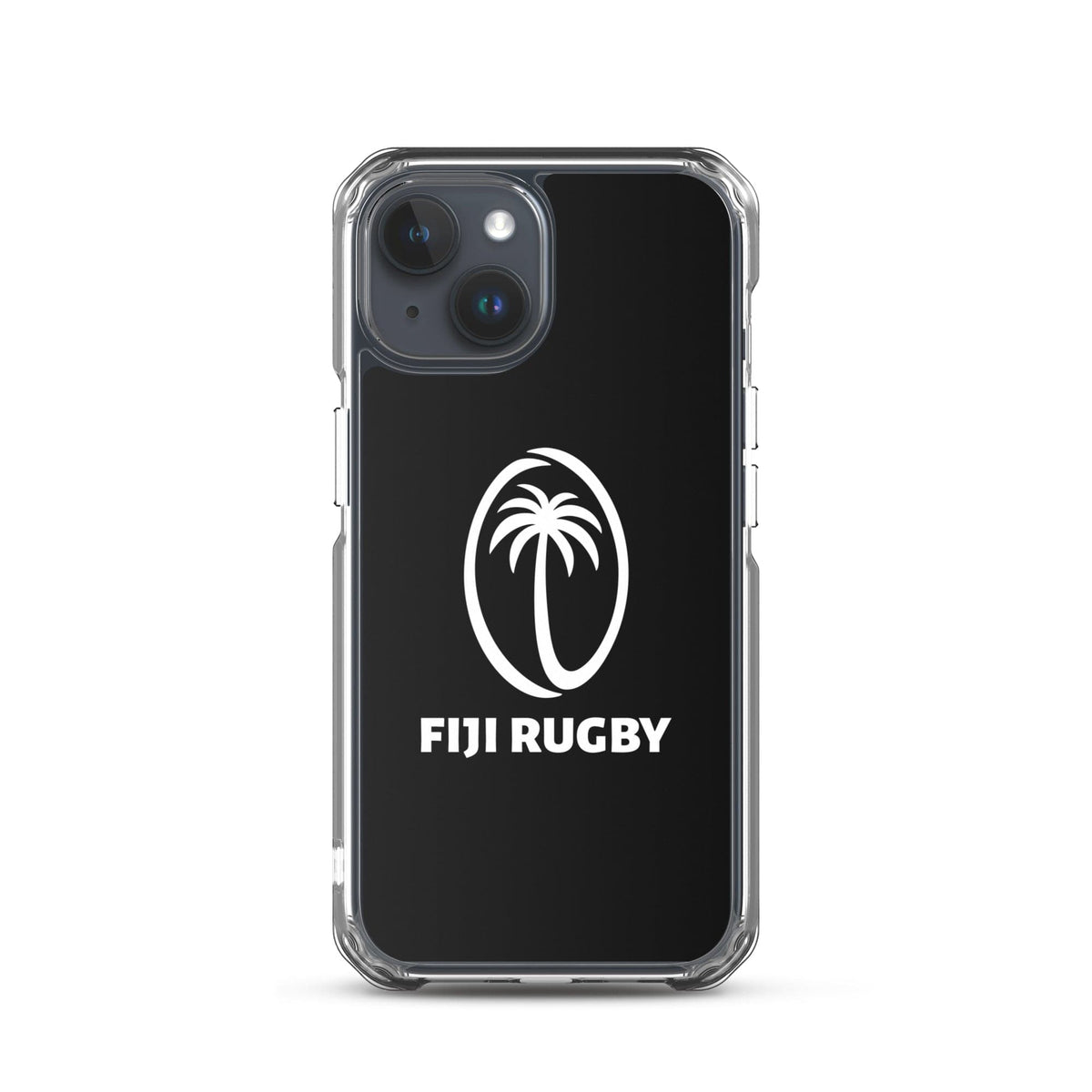 A PF LIC Fiji Case for iPhone® with transparent sides, featuring a stylized palm tree logo and "Fiji Rugby" on a sleek black background. This case is also wireless charging compatible for your convenience.