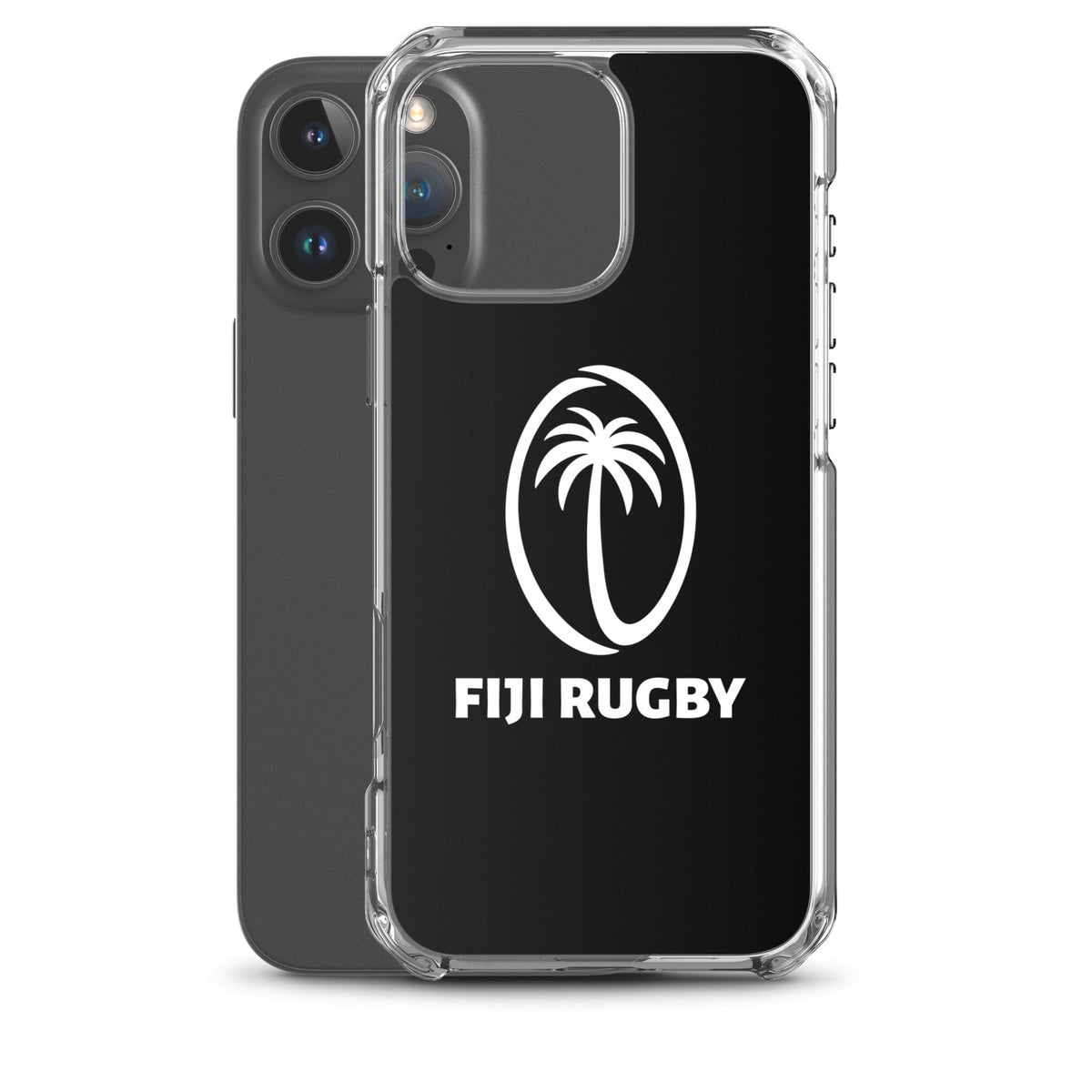 The PF LIC Fiji Case for iPhone® is a stylish smartphone accessory that showcases a protective design with a Fiji Rugby branded, white palm tree logo and text. This case not only flaunts sports pride but also supports wireless charging for unparalleled functionality.