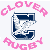 A navy blue "C" with a white hawk overlay, encircled by pink "CLOVER RUGBY" text, features on the Clover Middle School (Pink) EMB CREST POCKET SIZE from EMB World Rugby Shop—our latest product preview.