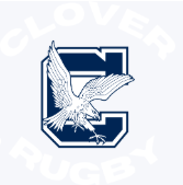 Just in: Clover Middle School (White) EMB CREST POCKET SIZE by EMB World Rugby Shop features a navy "C" with a flying bird, plus partial "CLOVER" and "RUGBY" in white around the logo.