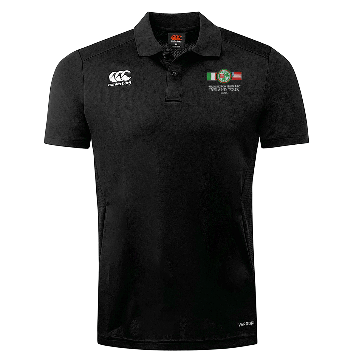 A breathable black Washington Irish Rugby Ireland EMB Canterbury Club Dry Polo shirt with a red, white and green logo.