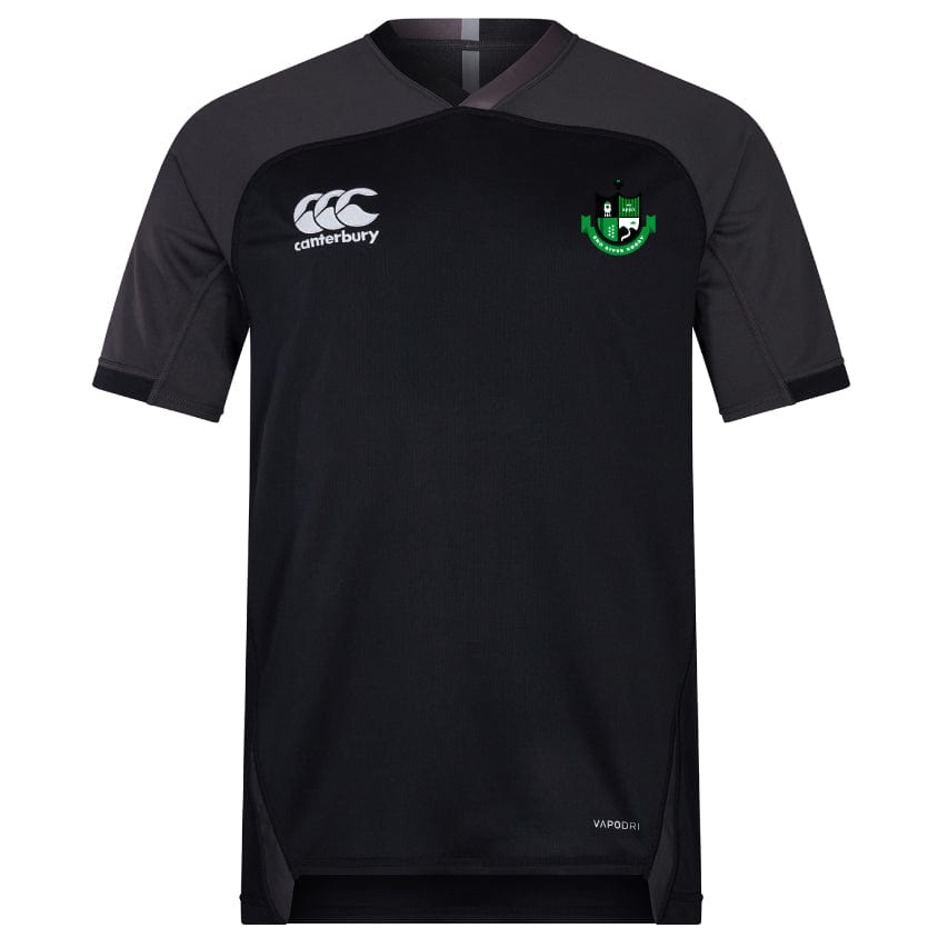 Experience the Eno River Rugby Vapodri Evader Jersey by EMB Canterbury: a sleek black and gray athletic shirt showcasing the Canterbury logo on the chest, accented with a stylish green and black emblem on the left side. Enjoy unparalleled comfort with moisture-wicking technology and Canterbury's signature neckline designed for optimal performance.