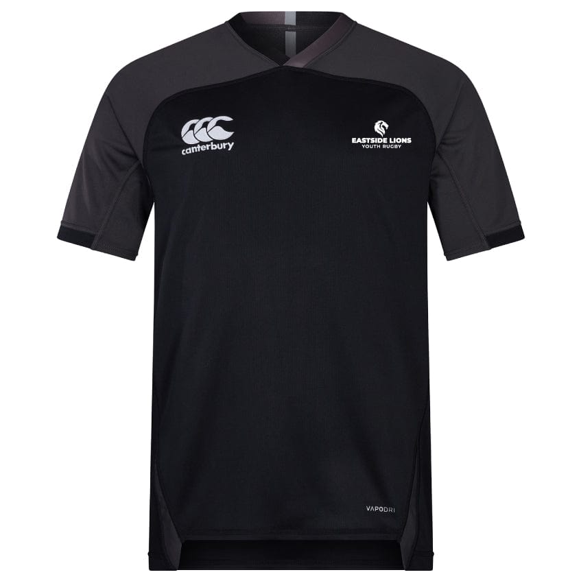This short-sleeved black and gray Eastside Lions Vapodri Evader Jersey by EMB Canterbury showcases the Eastside Lions Youth Rugby logos on the front. Designed with moisture-wicking technology, it guarantees comfort and style both on and off the field.