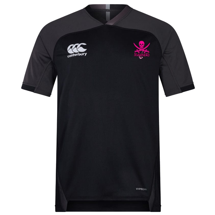 The SUNY Maritime Vapodri Evader Jersey by EMB Canterbury is a black and gray rugby jersey that showcases the classic Evader style. It features the iconic logo on the left, Vapodri technology for increased comfort, and a bold pink skull with crossbones design on the right.