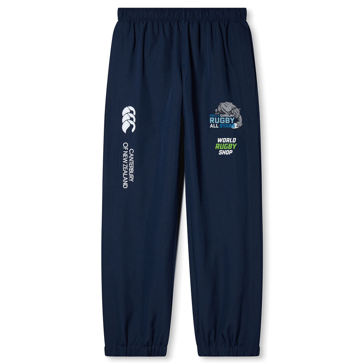 Navy blue NC All Stars Cuffed Hem Stadium Pant by Canterbury featuring the EMB Canterbury logo on the left leg and World Rugby Shop logo on the right leg. Designed for the rugby enthusiast, they come with an elastic waistband and cuffed hem for a comfortable fit.