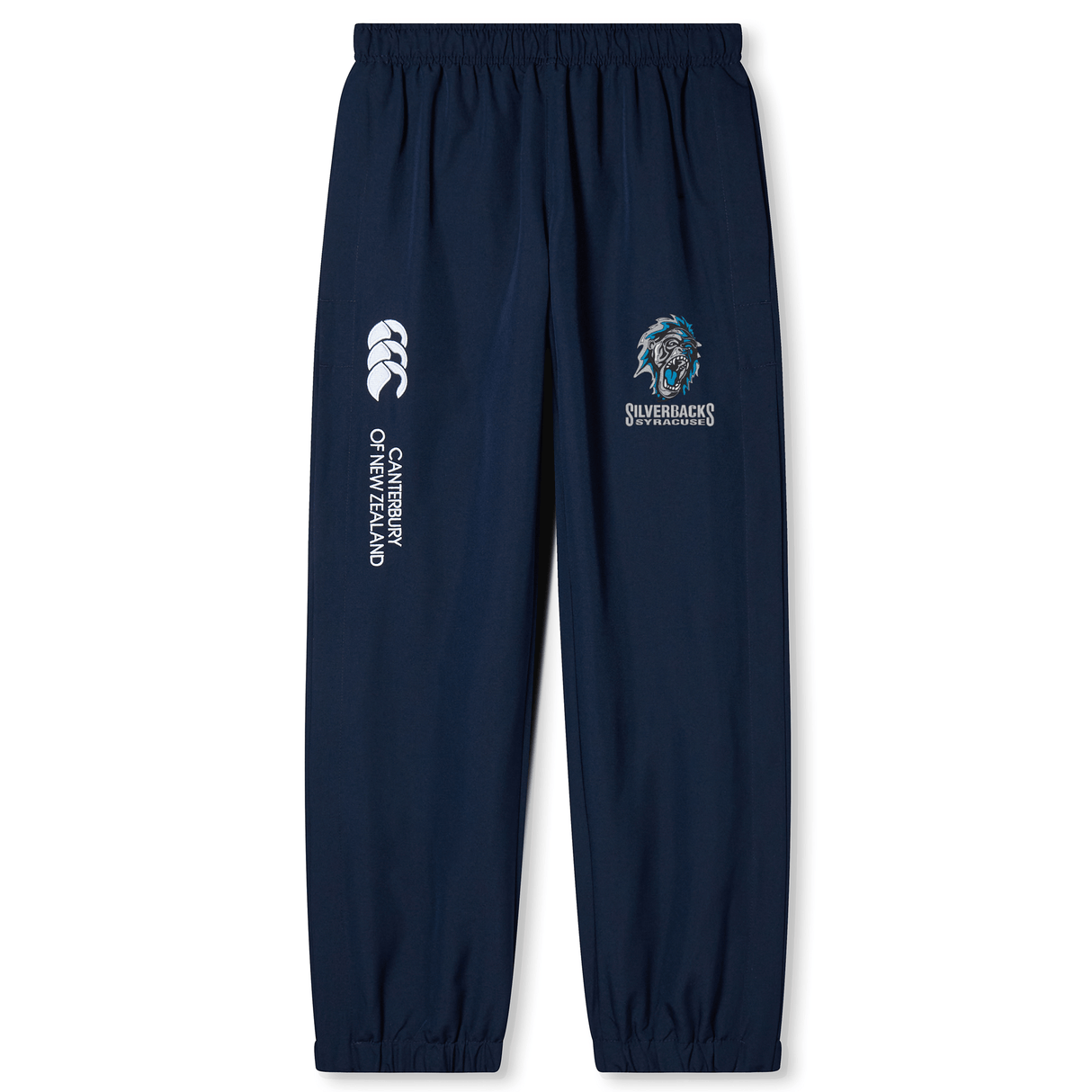 Syracuse Silverbacks Cuffed Hem Stadium Pant by Canterbury with an elastic waistband and cuffed hem. Quick-drying fabric ensures comfort during activity. Features logos of EMB Canterbury on the left leg and Silverbacks Basketball on the right leg.