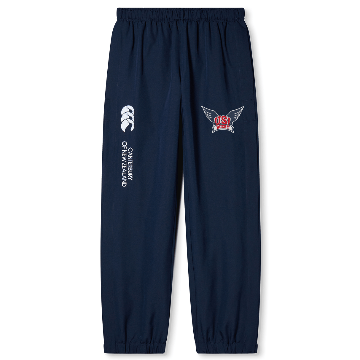 Navy blue athletic track pants with an elastic waistband and cuffs, tailored for the rugby enthusiast. These University of Southern Indiana Cuffed Hem Stadium Pant by Canterbury feature logos for EMB Canterbury on the left leg and U.S. basketball on the right leg.