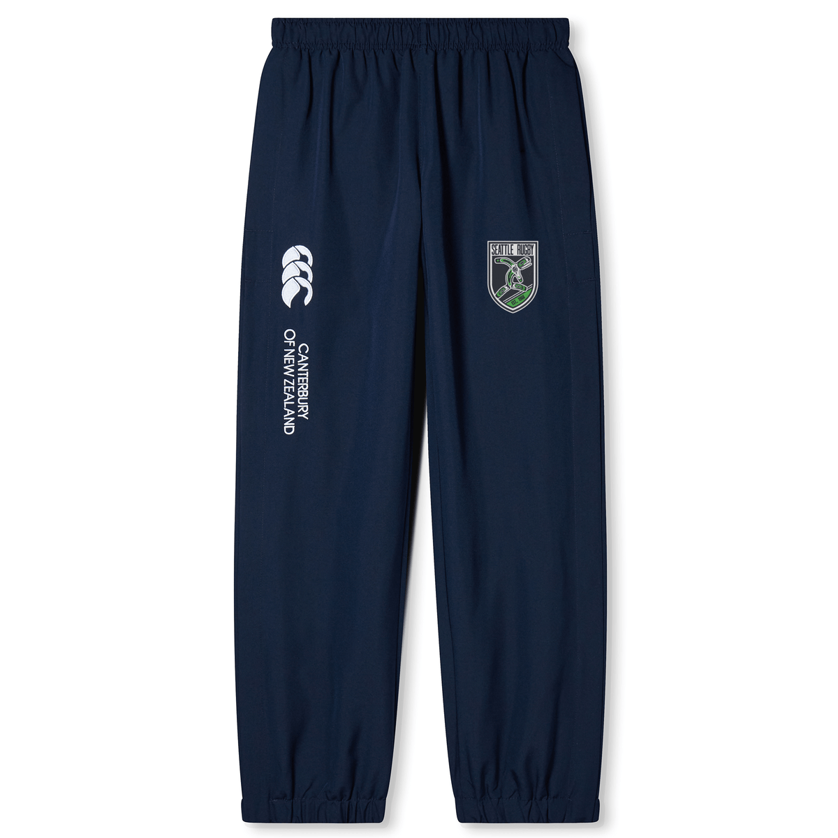 Seattle Rugby Club Cuffed Hem Stadium Pant by EMB Canterbury with an elastic waistband and cuffed hem, featuring a school logo and a sports brand logo on the left leg.