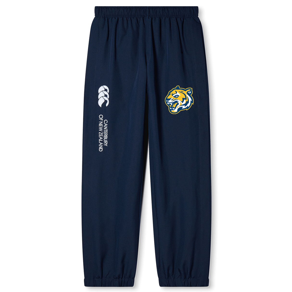 Navy blue Noble Street College Prep Cuffed Hem Stadium Pant by EMB Canterbury with a stylized bear head and the word "champion" on the left thigh, designed for the rugby enthusiast.