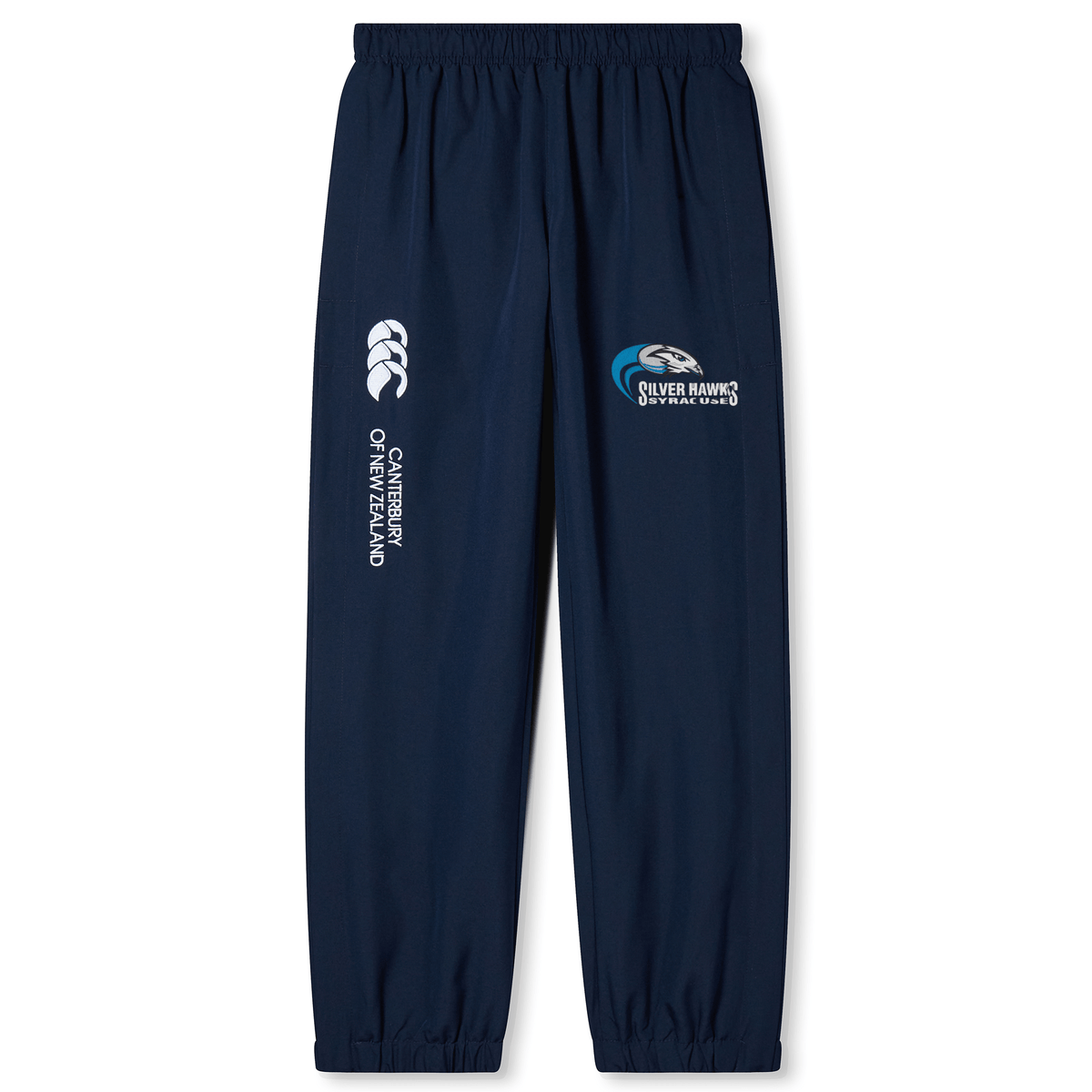 Syracuse Silver Hawks Cuffed Hem Stadium Pant by Canterbury: Navy blue athletic pants with full-length leg zip, "EMB Canterbury" and "Silver Hawks Basketball Club" logos, elastic waistband, and cuffed hem.