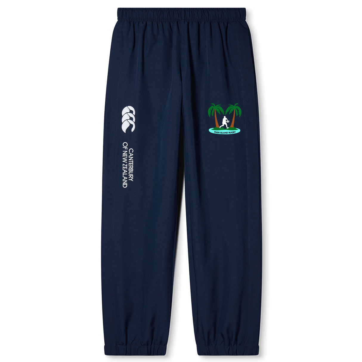 EMB Canterbury Navy blue Twin Island Rugby Cuffed Hem Stadium Pants, featuring a palm tree graphic on the right thigh and an EMB Canterbury logo along the left leg.
