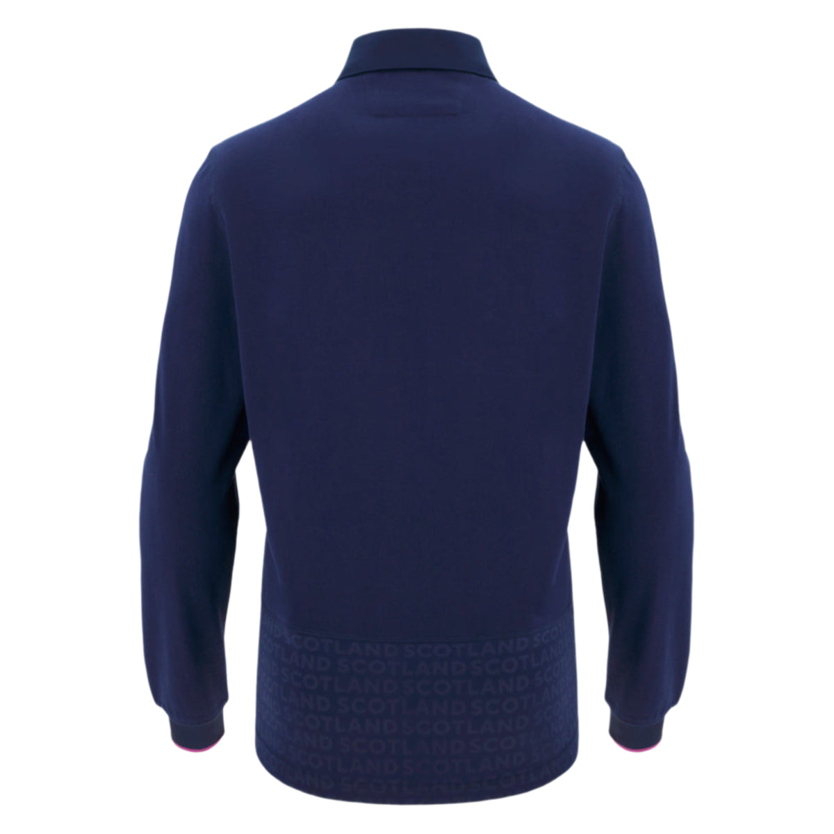 The Scotland SRU 25/26 Replica Home Long Sleeve Cotton Jersey by Macron, shown from the back in navy blue, features repeated “SCOTLAND” text along the lower hem—a classic touch inspired by the iconic rugby jersey.