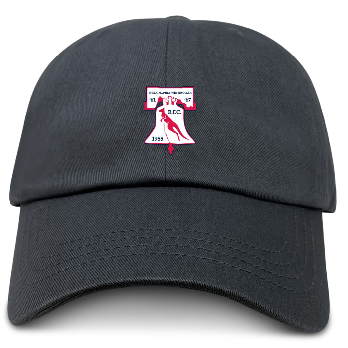 The Philly Whitemarsh RFC Adult Low-Profile Cotton Twill Dad Cap by EMB S&S Activewear is a black hat with red and white embroidered team branding and the Philadelphia International Rugby Football Club logo on the front.