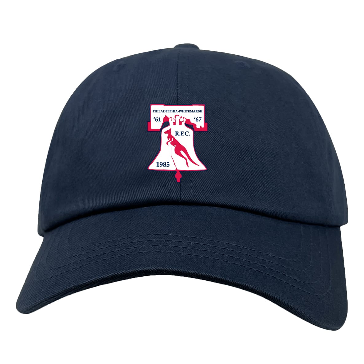 The EMB S&S Activewear Philly Whitemarsh RFC Adult Low-Profile Cotton Twill Dad Cap features a navy blue cotton twill build with embroidered red and white Liberty Bell logo and "Philadelphia Internationals RFC" plus '61, '67, and 1985 on the front.