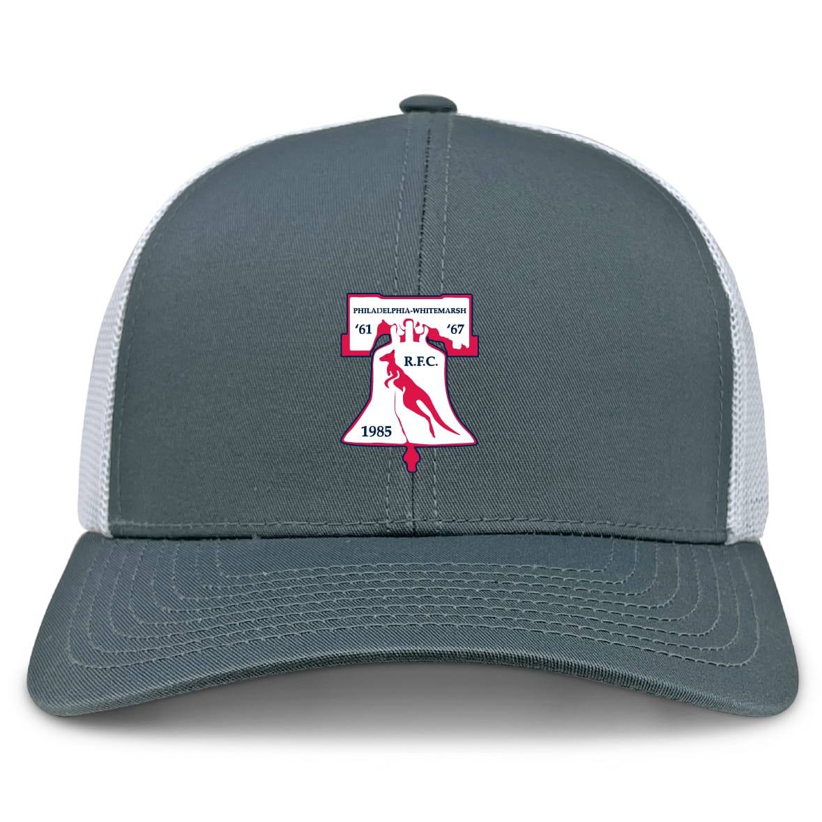 The Philly Whitemarsh RFC Retro Trucker Cap by EMB S&S Activewear is a gray and white hat with a mesh back, featuring the Philadelphia Whitemarsh RFC logo embroidered on the front.