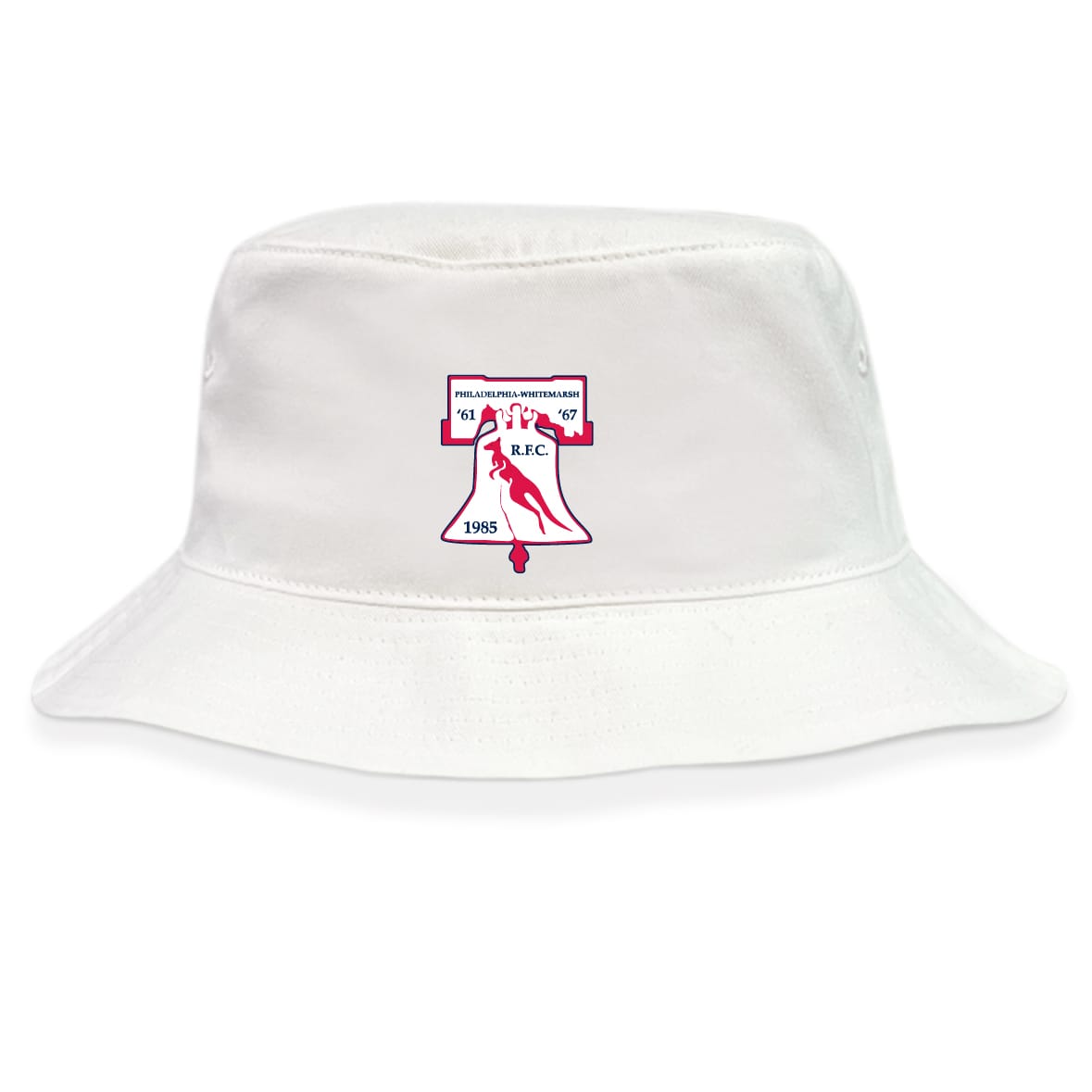 The Philly Whitemarsh RFC Crusher Bucket Cap by EMB S&S Activewear is a white cotton hat with a maroon and white crest logo featuring a bell emblem and "1985" on the front, combining classic style with sun protection.