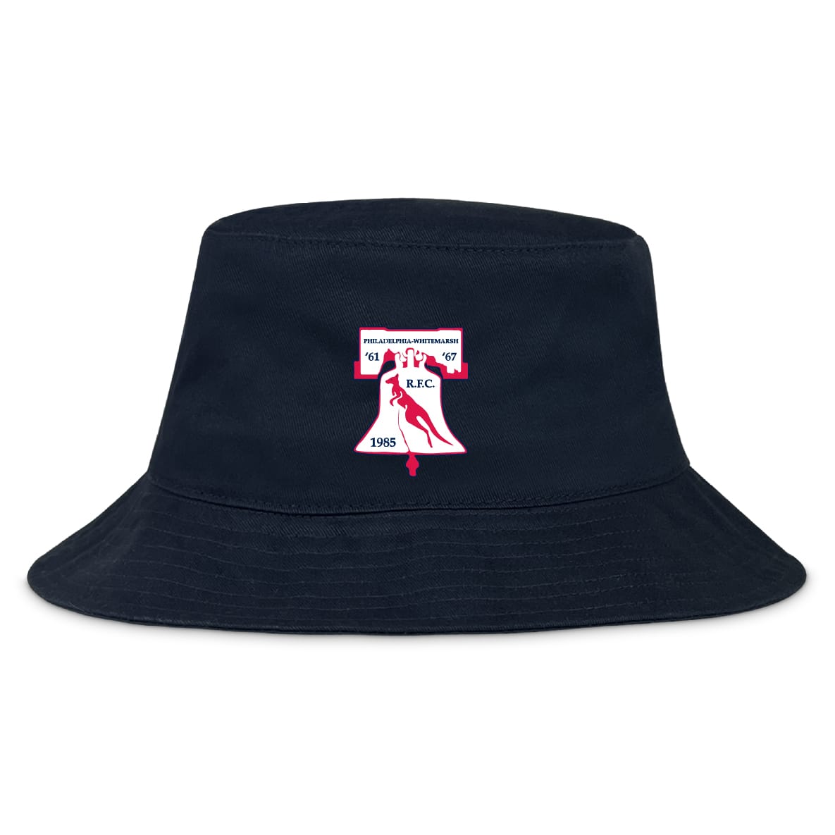 The EMB S&S Activewear Philly Whitemarsh RFC Crusher Bucket Cap is a black cotton hat with a stitched red and white rugby club logo on the front, providing stylish sun protection.