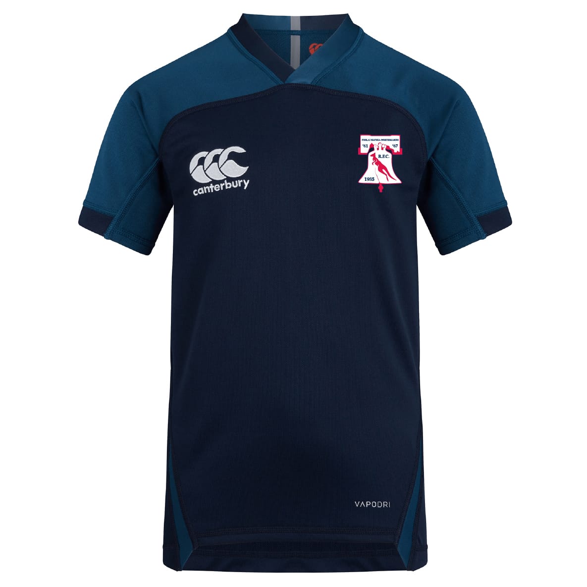 The Philly Whitemarsh RFC Vapodri Evader Jersey by EMB Canterbury is a navy short-sleeve top with moisture-wicking technology and features white and red team logo detailing on the chest.