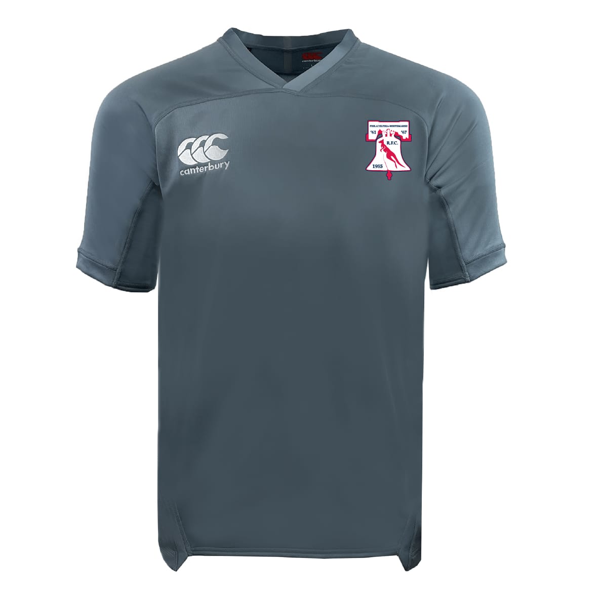 The Philly Whitemarsh RFC Vapodri Evader Jersey by EMB Canterbury is a grey short-sleeved rugby top with moisture-wicking tech, a white "Canterbury" logo on the right chest, and a red and white team crest on the left chest.