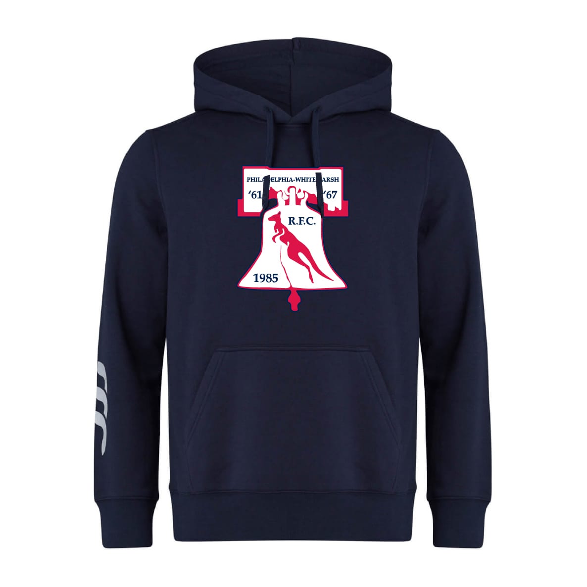The Philly Whitemarsh RFC Club Hoodie by Canterbury (WRS Canterbury) is a navy rugby hoodie with a Liberty Bell graphic, rugby player silhouette, text, and white stripes on the left sleeve.