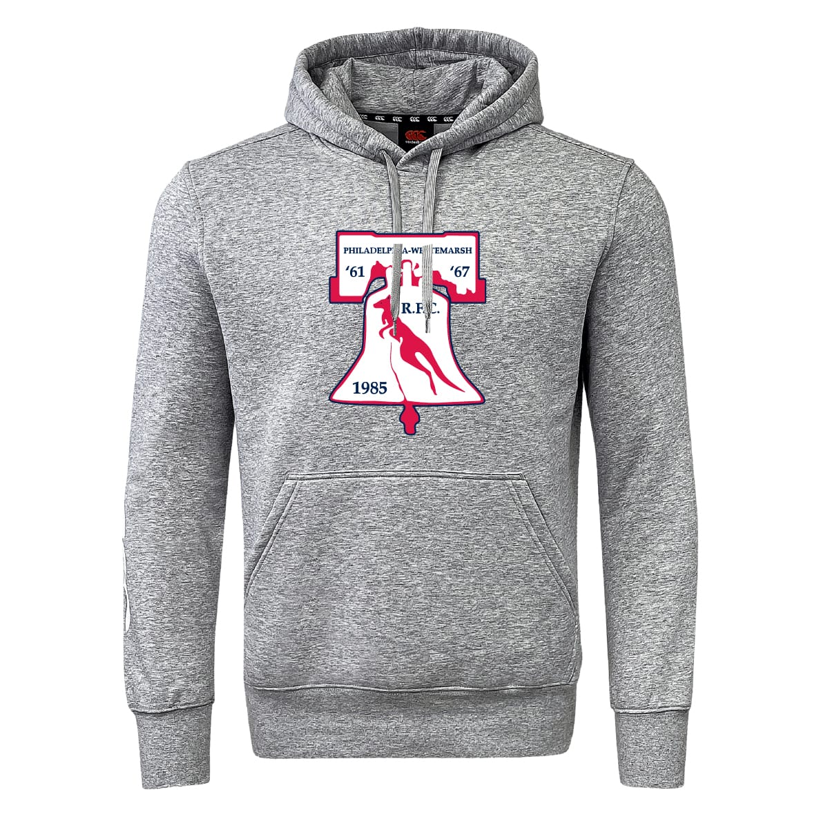 The Philly Whitemarsh RFC Club Hoodie by WRS Canterbury is a gray hoodie with a front pocket, Liberty Bell graphic, and “Philadelphia Wameslamash,” “’61,” “’67,” “1985,” and “R.F.T.” printed in maroon and navy blue.