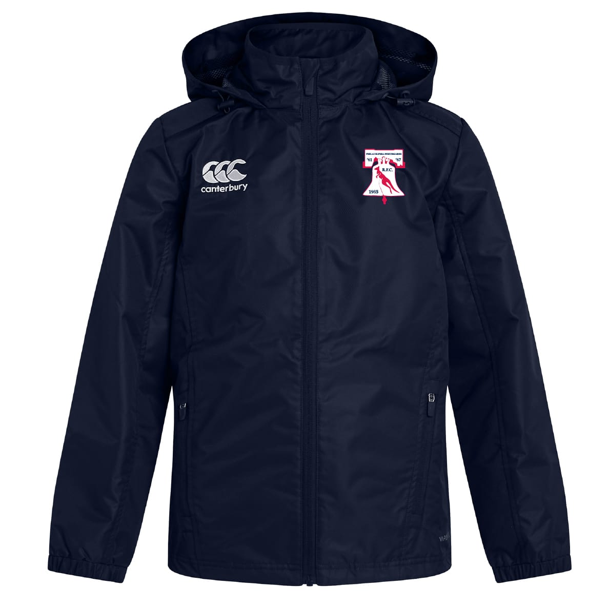 The Philly Whitemarsh RFC Club Vaposhield Full Zip Rain Jacket by EMB Canterbury is navy blue with a zip closure, two front pockets, water resistant finish, and white Canterbury plus embroidered crest logos on the chest.