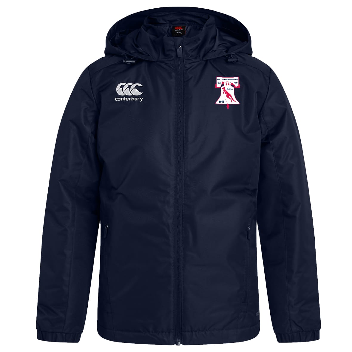The Philly Whitemarsh RFC Club Vaposhield Stadium Jacket by EMB Canterbury is a navy blue, water-repellent, padded jacket with a white Canterbury logo on the right chest and a red and white crest on the left.