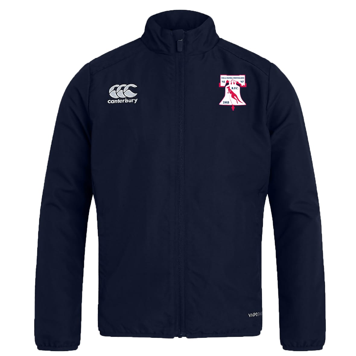 The Philly Whitemarsh RFC Club Track Jacket by EMB Canterbury is a navy blue, lightweight jacket with a Canterbury logo on the right chest and a red and white sports team crest on the left, offering style and comfort.
