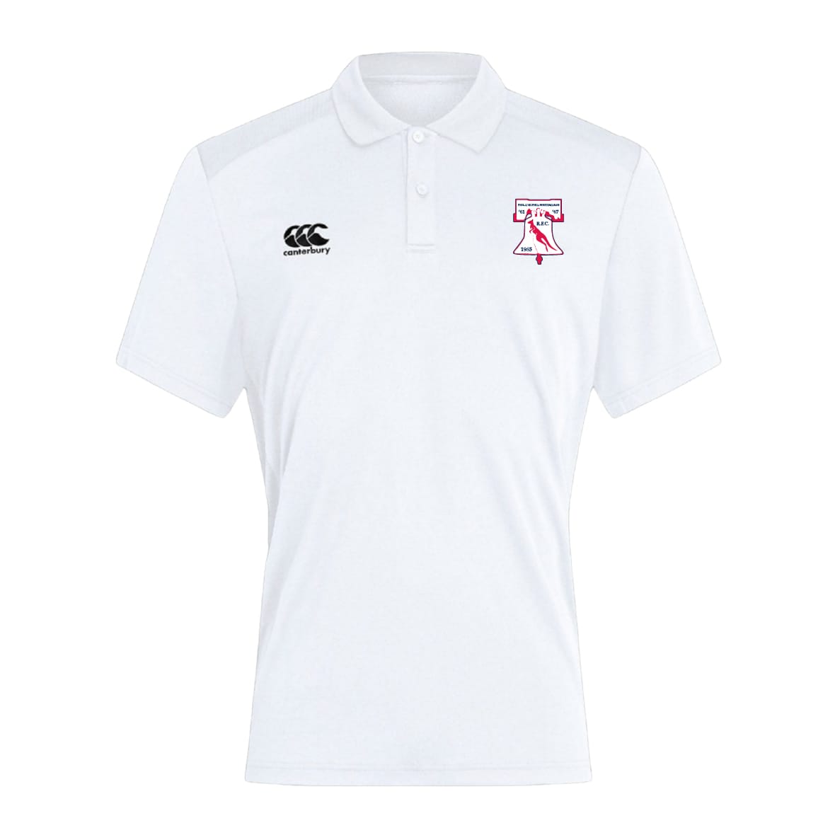 The Philly Whitemarsh RFC Waimak Polo by EMB Canterbury is a white short-sleeve men’s polo with a collar, black Canterbury logo on the right chest, and a bold red and white graphic on the left chest.