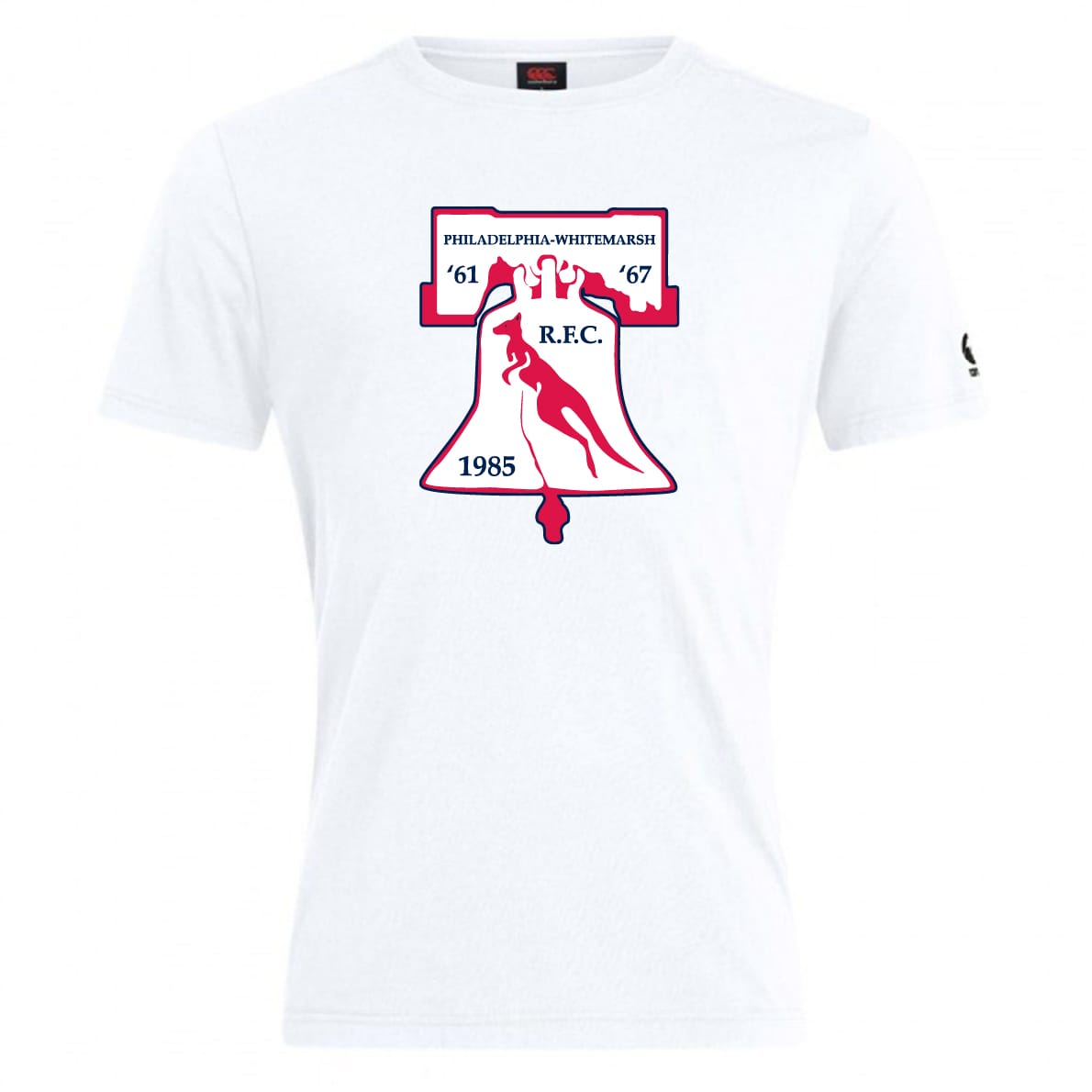 The Philly Whitemarsh RFC Club Plain Tee by WRS Canterbury features a white cotton blend, red and navy Liberty Bell graphic, "PHILADELPHIA-WHITEMARSH R.F.C." text, and the years '61, '67, 1985—a classic for rugby fans.