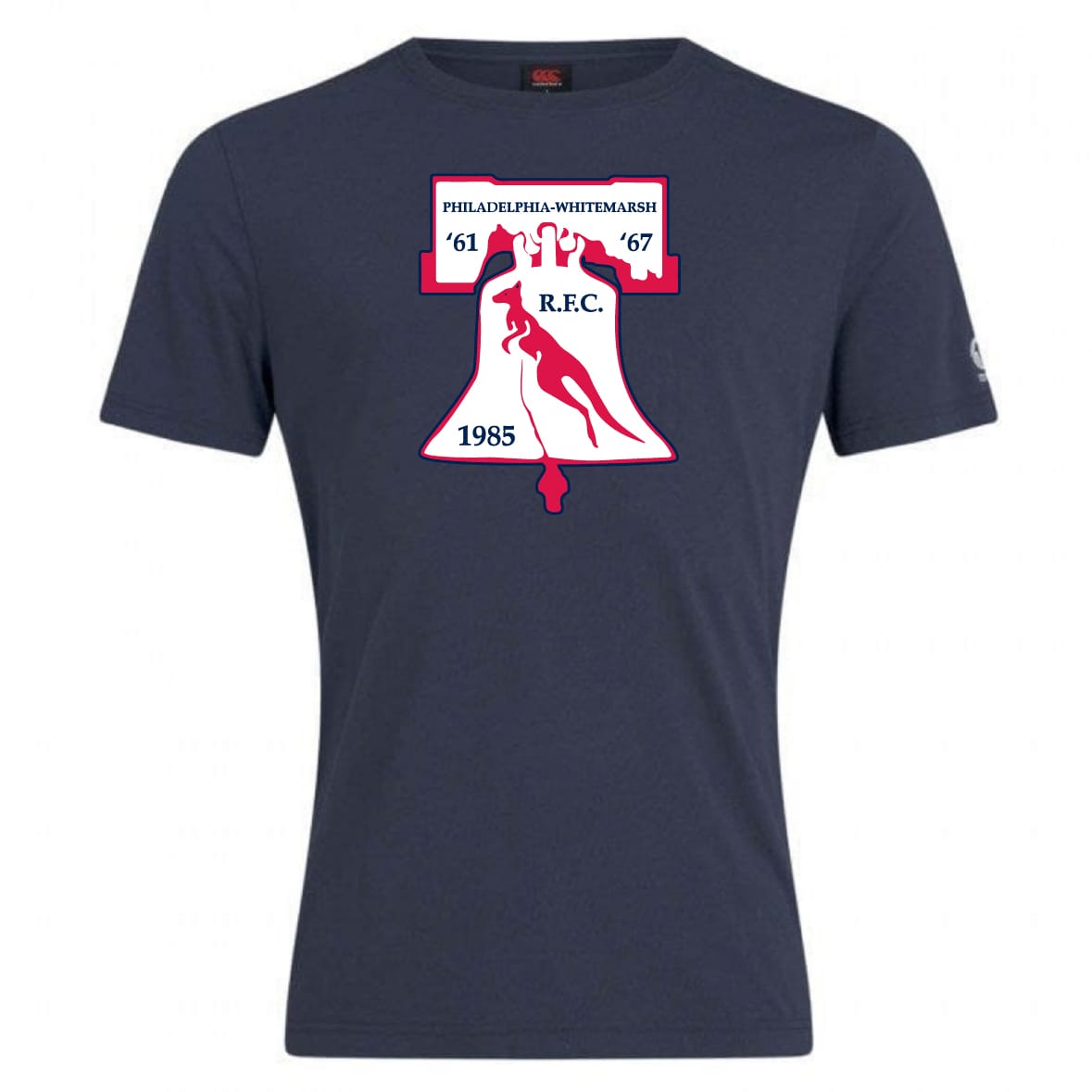The Philly Whitemarsh RFC Club Plain Tee by WRS Canterbury is a navy cotton blend shirt with a white and maroon Liberty Bell rugby graphic, “Philadelphia-Whitemarsh R.F.C.,” and the years '61, '67, and 1985.