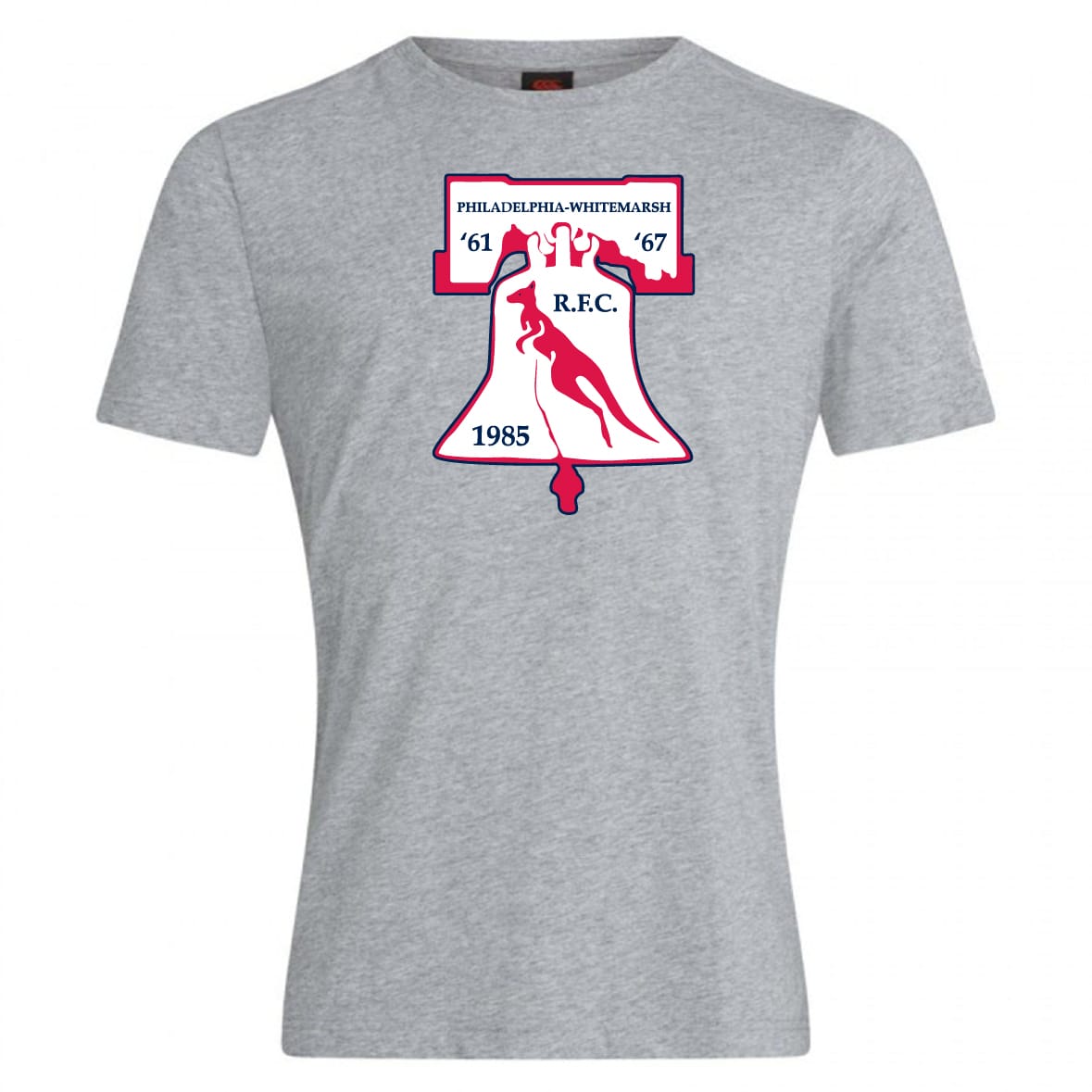 The Philly Whitemarsh RFC Club Plain Tee by WRS Canterbury is a gray cotton blend shirt featuring a bold Liberty Bell and the years 1961, 1967, and 1985—a classic for supporters of Philadelphia-Whitemarsh RFC.