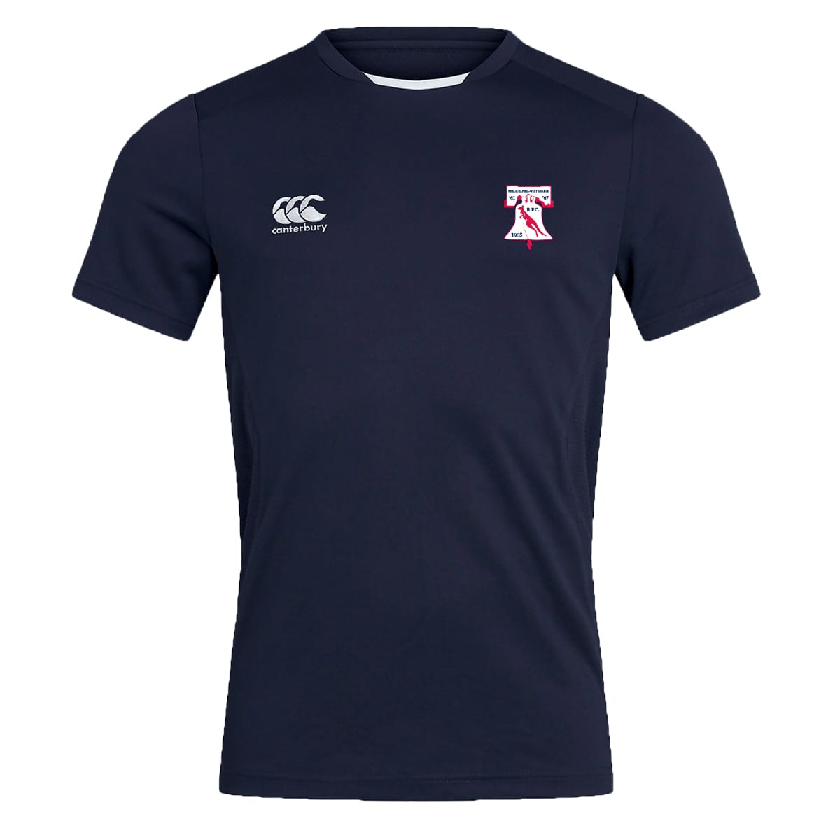 The Philly Whitemarsh RFC Club Dry Tee by EMB Canterbury is a navy short-sleeve jersey with Vapodri Technology, a white Canterbury logo right chest, and club bird crest left. Breathable for performance and comfort.