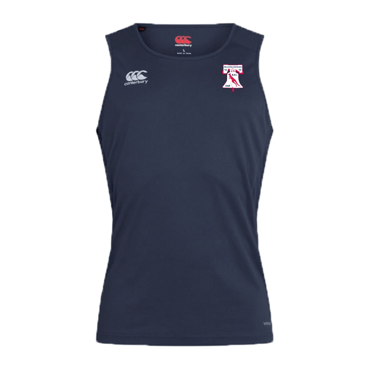 The Philly Whitemarsh RFC Club Dry Singlet by EMB Canterbury is a navy sleeveless top with Vapodri Tech, featuring a white Canterbury logo on the right chest and a red-and-white team emblem on the left—ideal for peak performance.