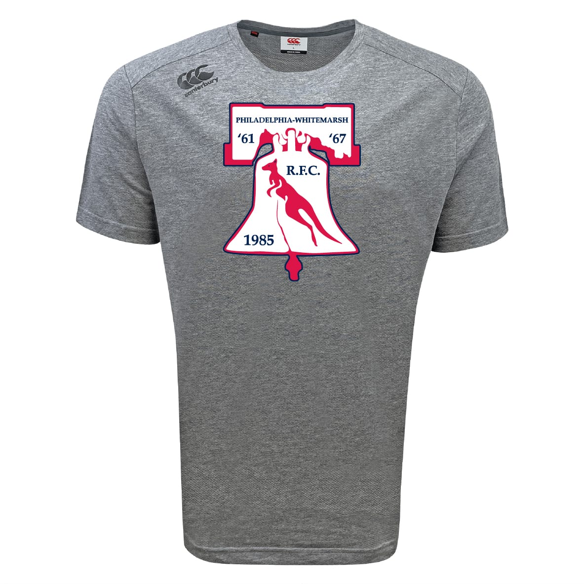The Philly Whitemarsh RFC Tempo Vapodri T-Shirt by WRS Canterbury features the club's Liberty Bell logo with the years '61, '67, and 1985—a gray athletic tee perfect for fans and players seeking top performance.