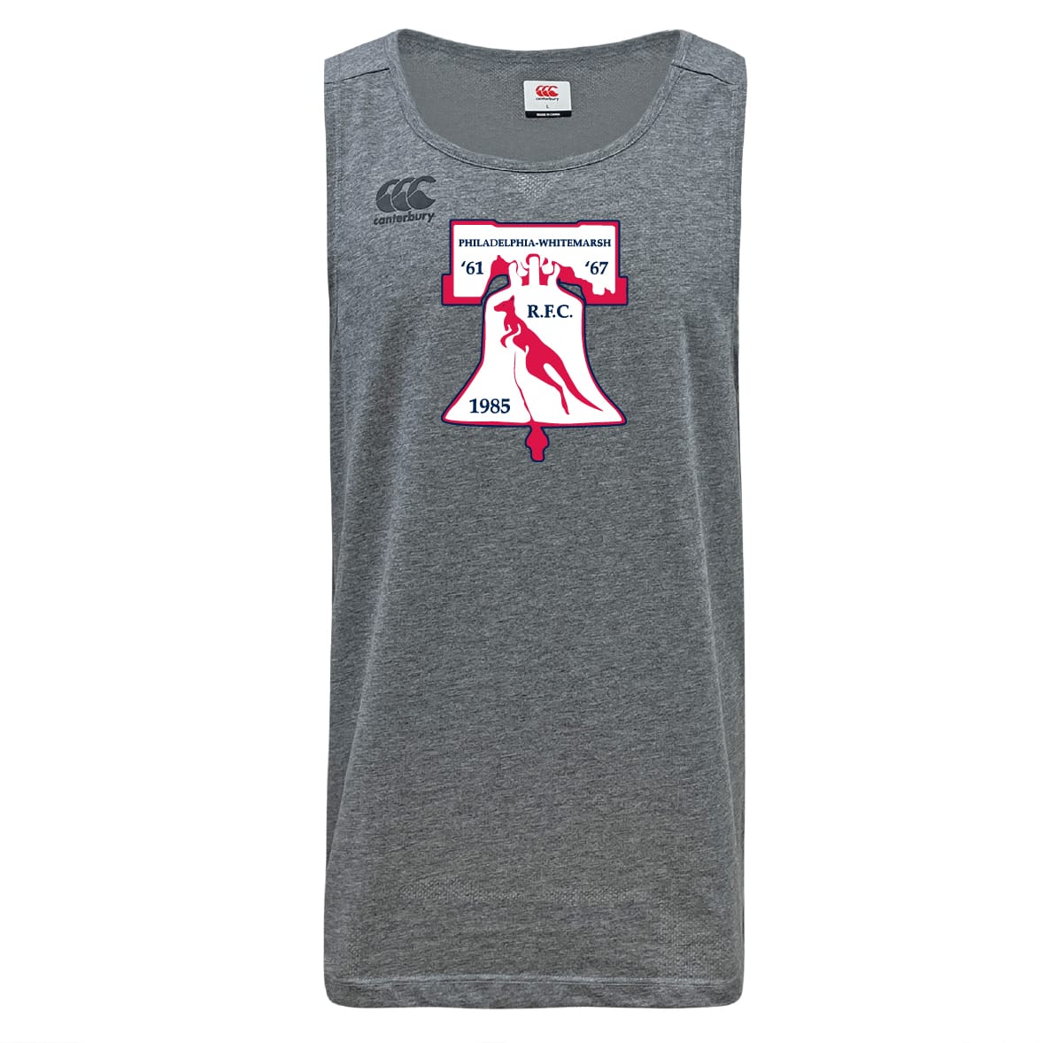The Philly Whitemarsh RFC Tempo Vapodri Singlet by WRS Canterbury is a gray sleeveless athletic shirt with an "R.F.C." crest, red kangaroo, and years 1961, 1967, and 1985; made from recycled polyester, Canterbury logo on shoulder.